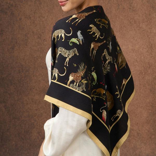 Noir Safari Wool Silk Scarf – Animal Motif Wrap, Hand-Rolled Hem, Winter Gift