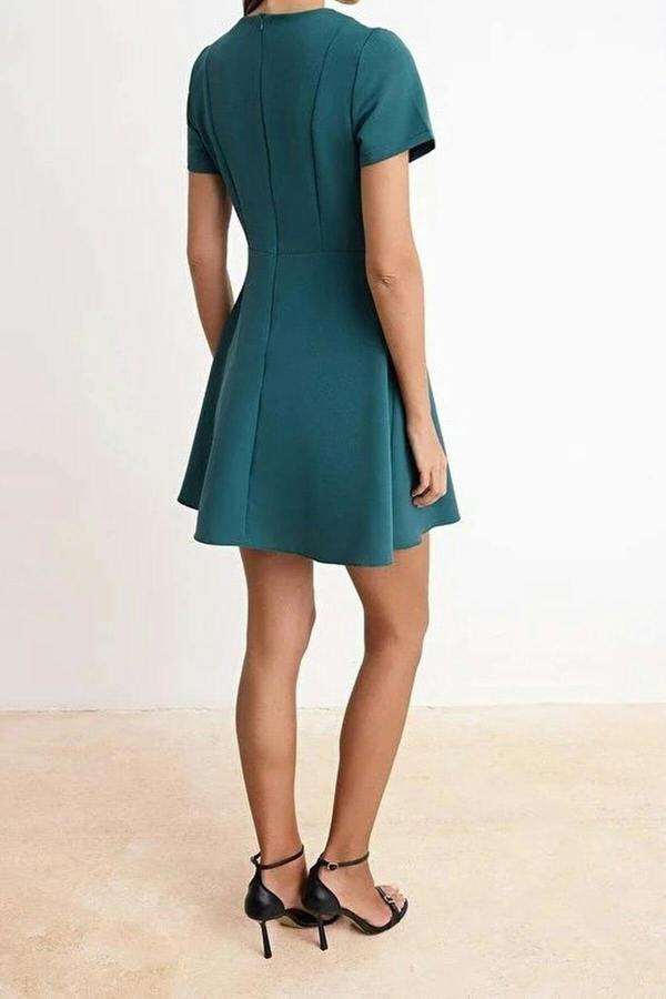 WOVCOR Waist-Fronted Short Sleeved Mini Stretch Woven Dress