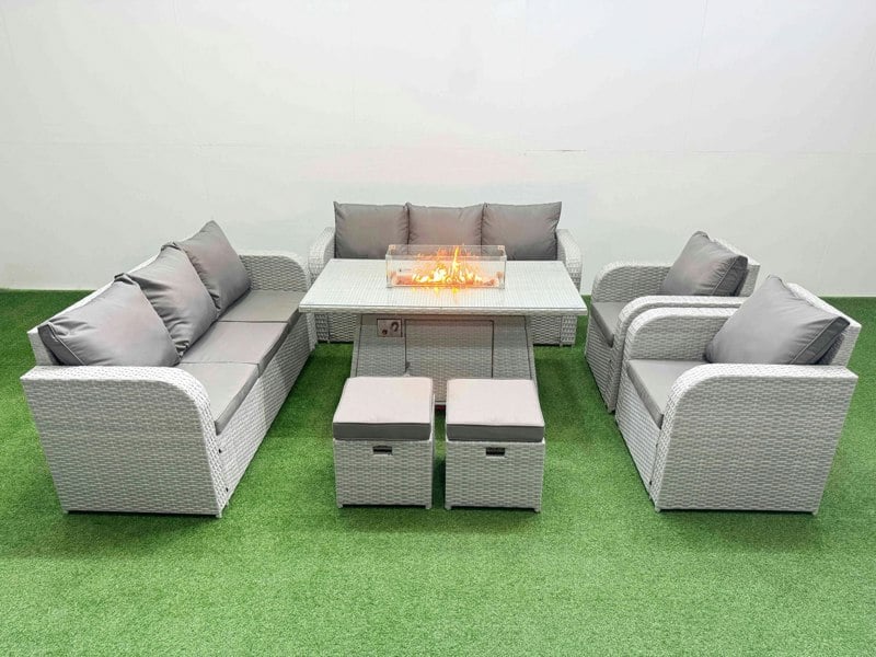 Fimous PE Rattan High Back Lounge Sofa Set Patio Fire Pit Dining Table & Chairs Set with 3 Seater Sofa Reclining Chair Stools Light Grey
