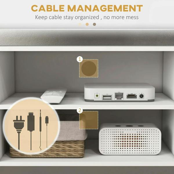 TV stand cable management compartment with ports and organized electronics inside.