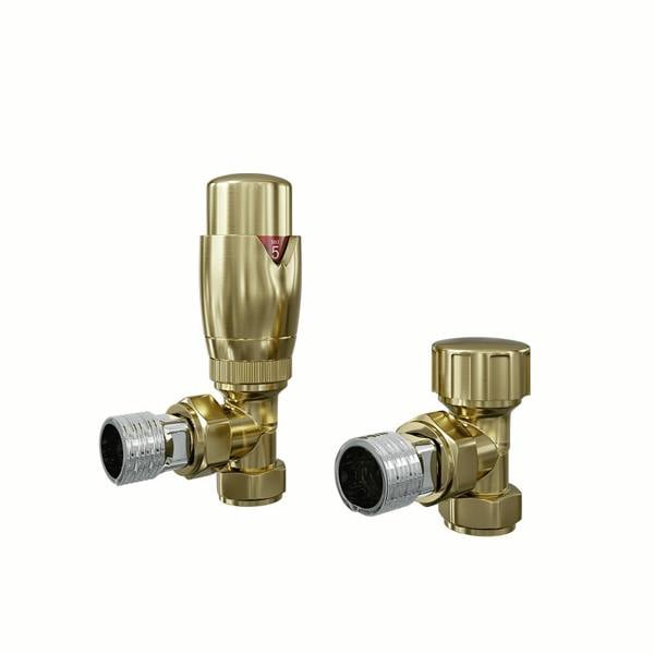 Flode Angled Thermostatic Radiator Valve Pack | 15mm x 1/2" | Brushed Brass