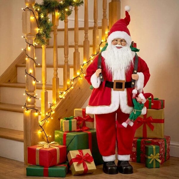 Bobobiy 4ft Singing Dancing Santa Claus, Standing Christmas Animated Santa Figure with Sack, Hanging Elf, Sound/Touch Activated