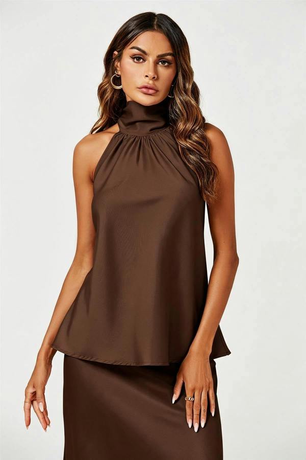 FS Collection Satin Halter Neck Tie Back Top In Brown