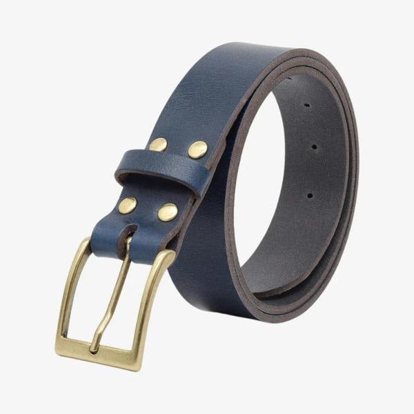 Blue leather belt with gold buckle on a white background