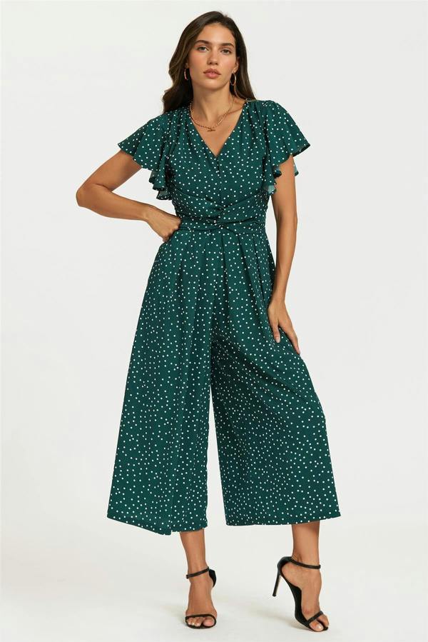 FS Collection Polka Dot Angel Sleeve Twist Jumpsuit In Green