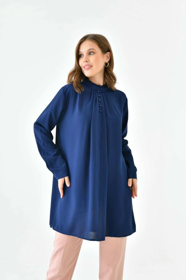 Hoxton Gal Oversized Long Sleeve Button Detailed Tunic Top in Navy