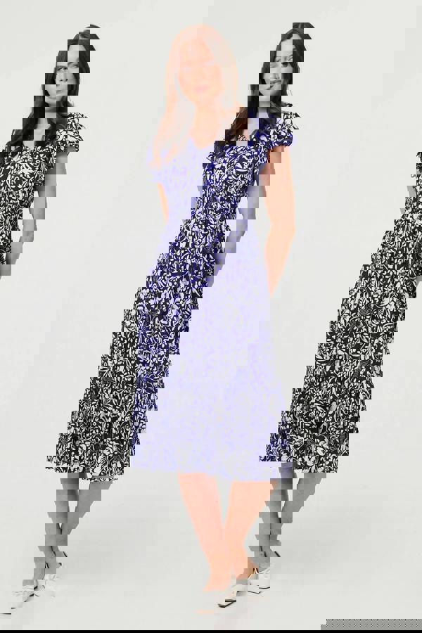 Blue | Floral Cap Sleeve Midi Dress
