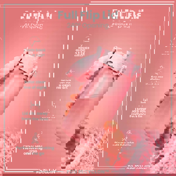 A pink water bottle with a full flip lid is being held; its 240° opening allows for safer drinking on the go. The lid folds back completely away from the face. POD RECYCLON™ is displayed at the bottom.