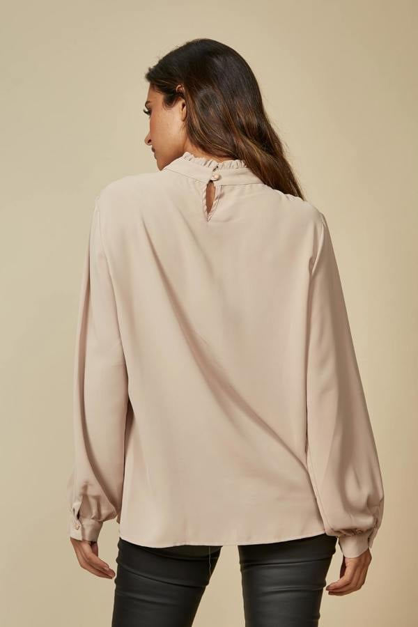 Hoxton Gal Oversized Ruffle Neck Top with Long Sleeves in Beige