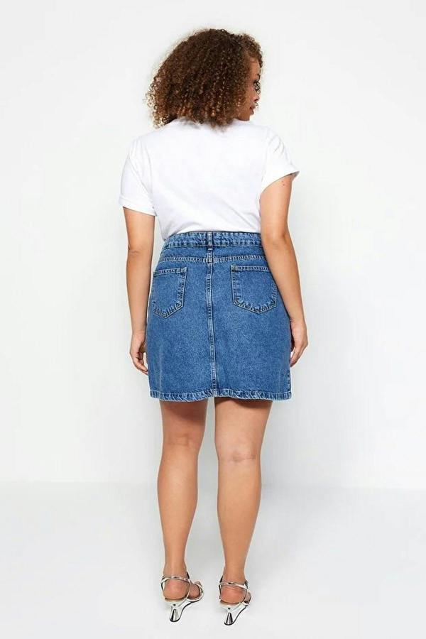 WOVCOR Double Slit A-line Plus Size Denim Skirt