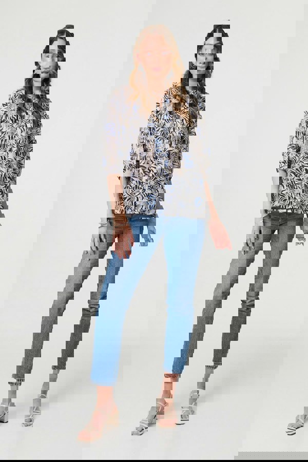 Blue | Floral 3/4 Puff Sleeve Relaxed Blouse