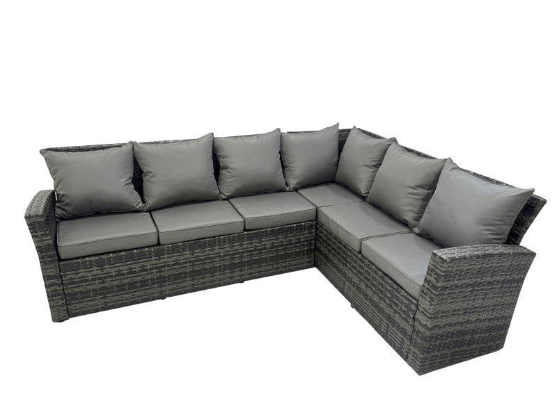 Fimous Outdoor Furniture Garden Dining Set Rattan Corner Sofa Set Gas Fire Pit Table with Temper Glass 2 Big Footstools Dark Grey Mixed