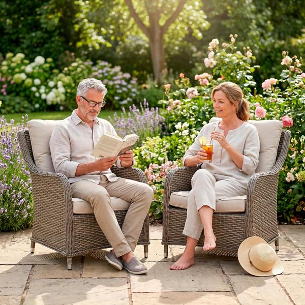 Dellonda Chester Rattan Wicker Outdoor Lounge Chairs with Cushion, Brown - DG69