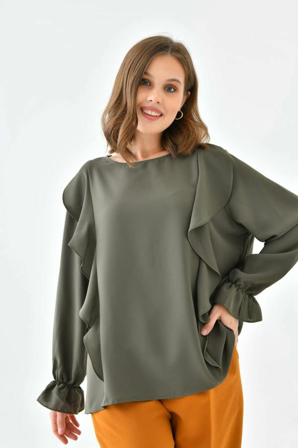Hoxton Gal Oversized Frilled Front Blouse with Detailed Cuffs in Khaki
