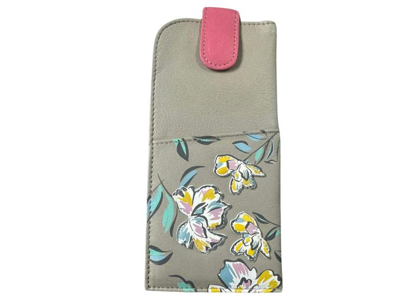 Mala Leather Zinnia Genuine Leather Floral Wide Fit Glasses Case - Grey