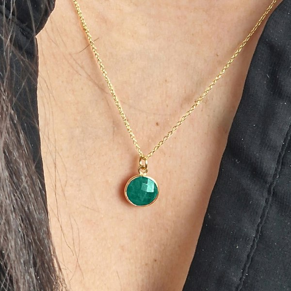 Gold Vermeil Plated Green Onyx May Birthstone Round Pendant Necklace