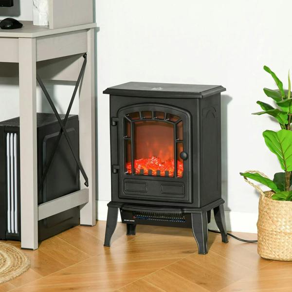 Black electric fireplace stove with glass front and red flame effect on floor stand