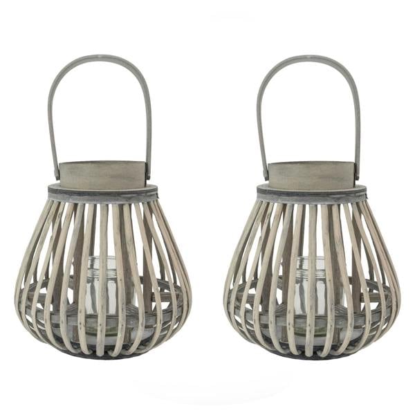 JVL Luna Set of 2 Natural Bulb Shaped Willow Wood Lantern With Wooden Handle, Grey Wash