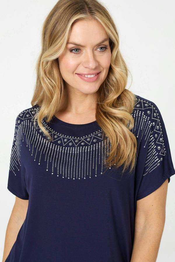 Navy | Diamante Detail Relaxed Short Sleeve Top