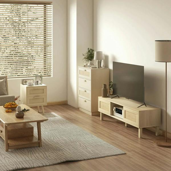 Chest of Four Rattan Weave Panel Drawers - Wood-Effect