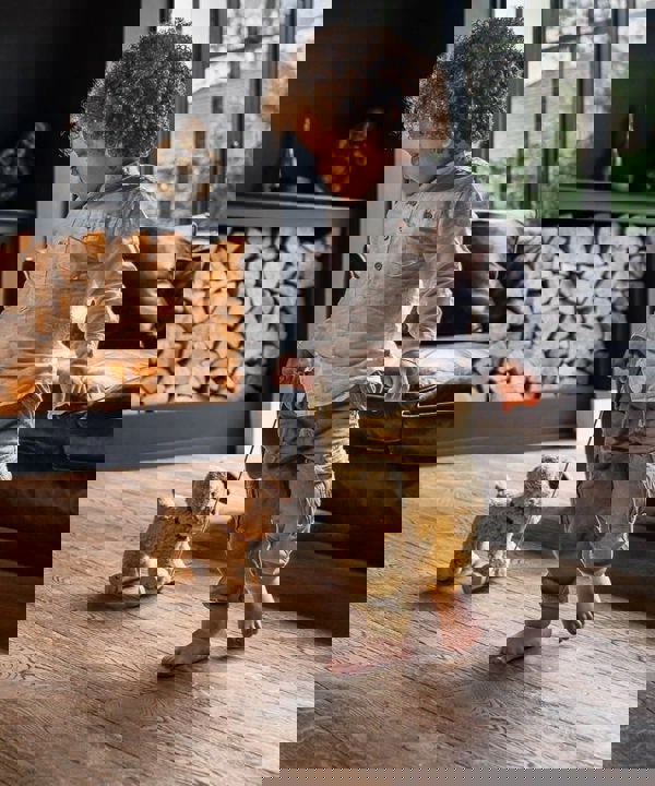 little boy pulling toy dog to walk 