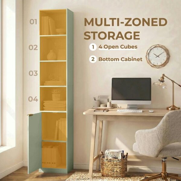 Bookcase Adjustable Shelf Bookshelf Anti-Tip Hardware 6-Tier Storage Cabinet Light Green