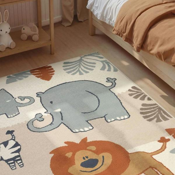 Children's room with a rug featuring cartoon animals like an elephant, lion, and zebra.