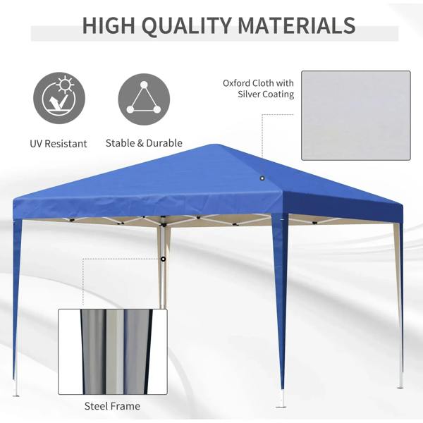 Blue pop-up gazebo canopy with steel frame and Oxford cloth UV-resistant fabric callouts