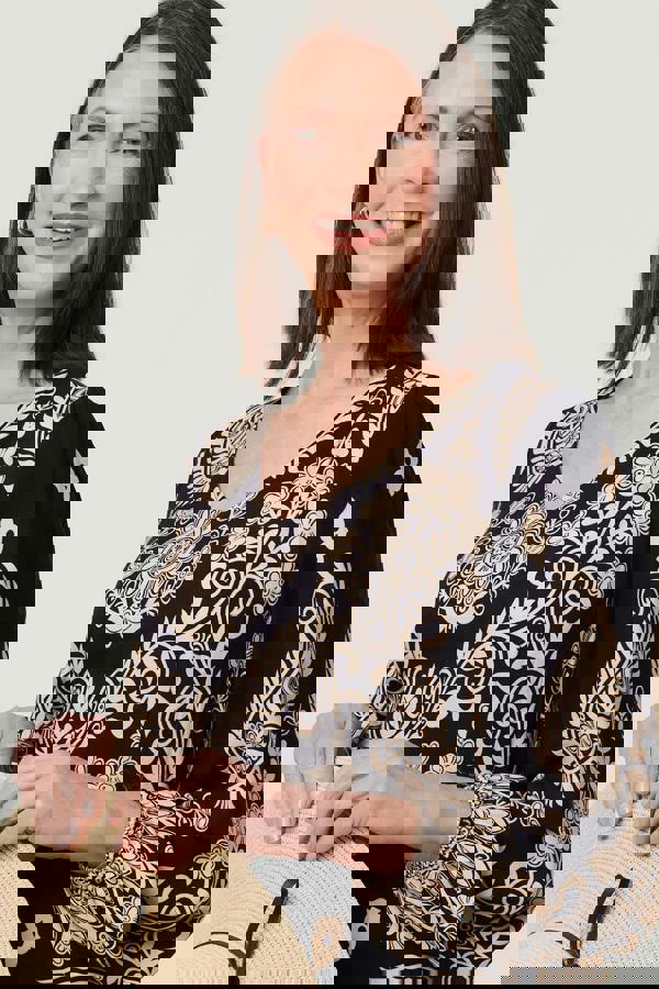 Navy | Paisley Print Long Sleeve Midi Dress