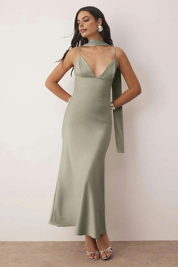 WOVCOR Scarf Detail Satin Maxi Dress with Strappy Design