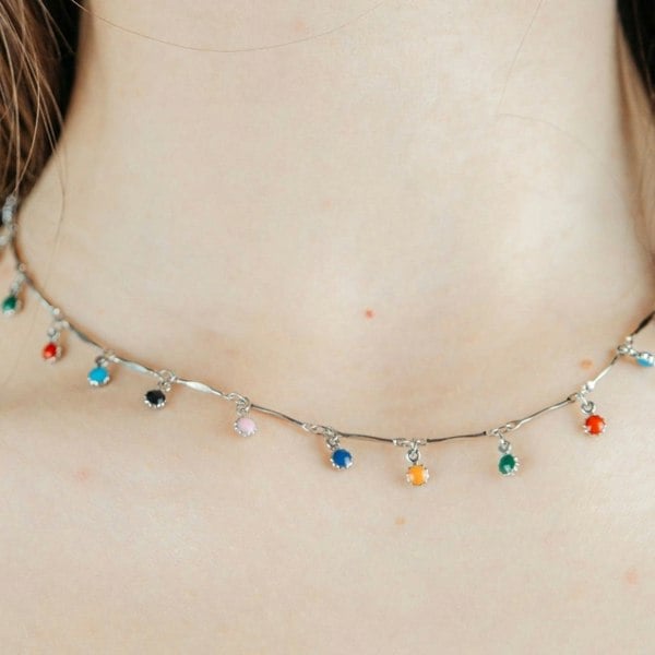 The Colourful Aura Gold and Silver Colourful Dainty Rainbow Dangly Choker Necklace