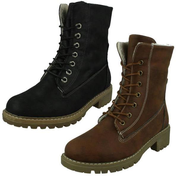 Spot On Ladies Spot On Mid Heel Lace Up Fleece Lined Calf Boots F51217