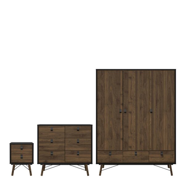 Wyld Haus Juno Black and Walnut Wood Furniture Set - Wardrobe 3 Doors and 3 Drawers + Chest 6 Drawers + Bedside Table 2 Drawers