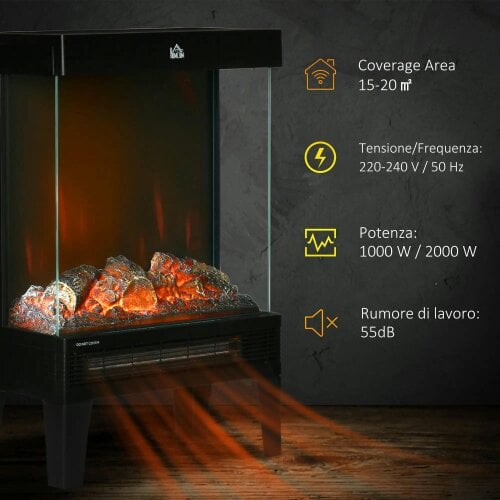 Bobobiy 180° Charming Electric Fireplace Heater, Quiet Freestanding Stove with LED Flame Effect, Level-less Temperature Control, 1000W/2000W, Black