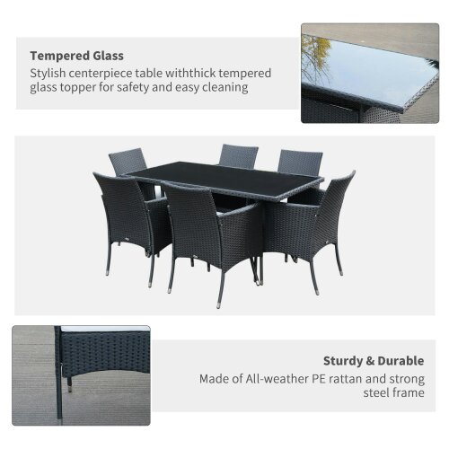 Wyld Haus Loreke Black Rattan 6 Seater Outdoor Dining Set With Armchairs And Glass Top Table