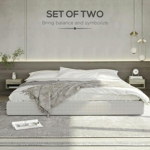 Grey wood-effect floating bedside table set of two beside bed, drawer and open shelf