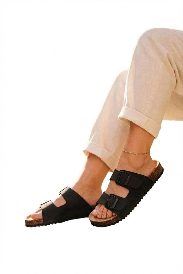 Harper Womens Double Buckle Cork Slide Sandals - JET BLACK_wb