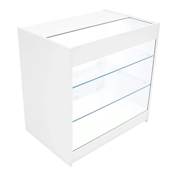 Polaris LED Shop Counter Set in white with glass shelves, sleek design, and modern finish, ideal for retail display and organization
