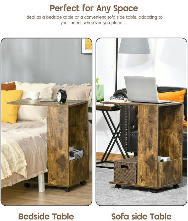 ADOV C Shaped Side Table with Wheels, Industrial Sofa End Table with Open Storage for Living Room and Bedroom