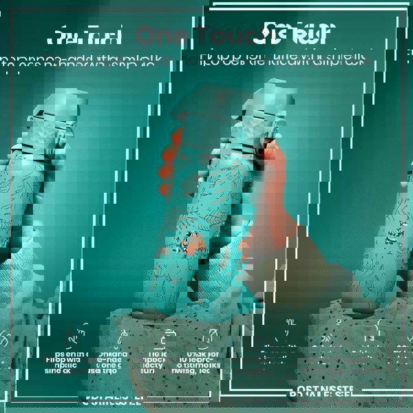 A teal water bottle, decorated with dragons and leaves, is being held; its flip top opens with one hand. The bottle is made of stainless steel and is advertised as leakproof. "One Touch," "Flips open with a simple click," "One-handed use on the go," "Triple lock security," "100% leak proof - no twisting, no leaks," and "POD STAINLESS STEEL" are written on the advertisement.