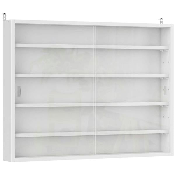 White display cabinet with glass doors and adjustable shelves, wall-mounted