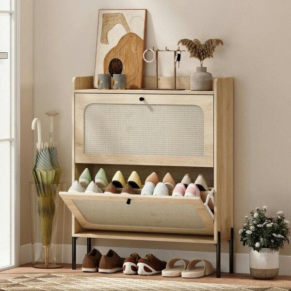 Bobobiy Shoe Cabinet with 2 Flip Drawers, Boho Narrow Shoe Storage Cabinet, Oak - Oak