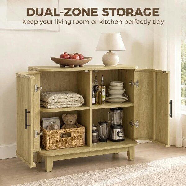 80cm Sideboard Buffet Cabinet, Storage Cabinet with 2 Curved Doors, Adjustable Shelf and Legs for Dining Room, Oak