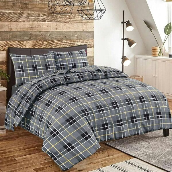 Night Zone Tartan Check Flannelette Duvet Cover Set – 100% Brushed Cotton Warm Bedding - Grey