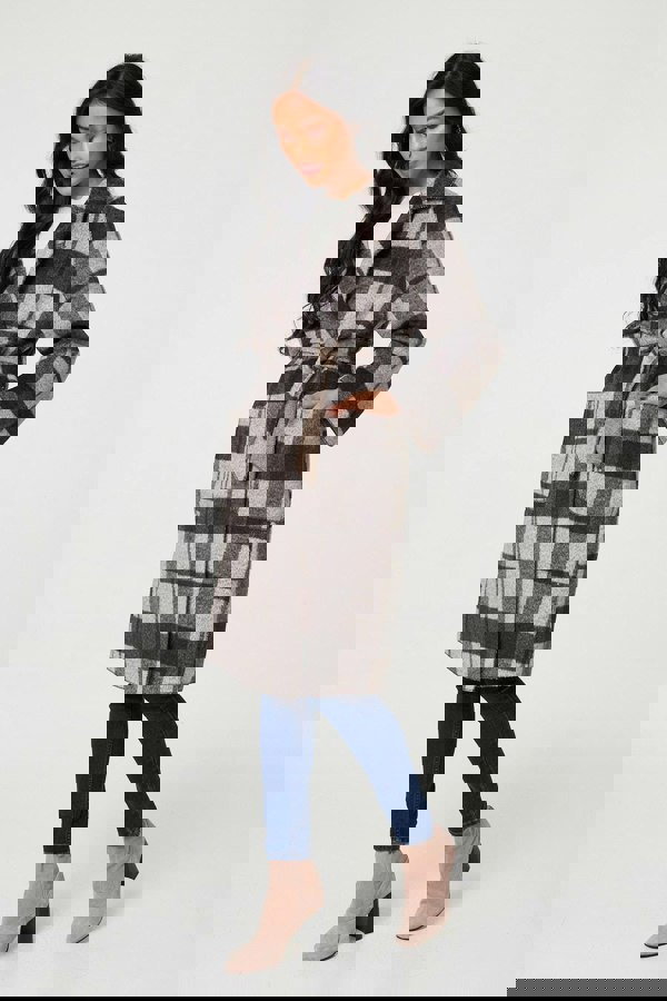 Brown | Checked Longline Coat with Belt
