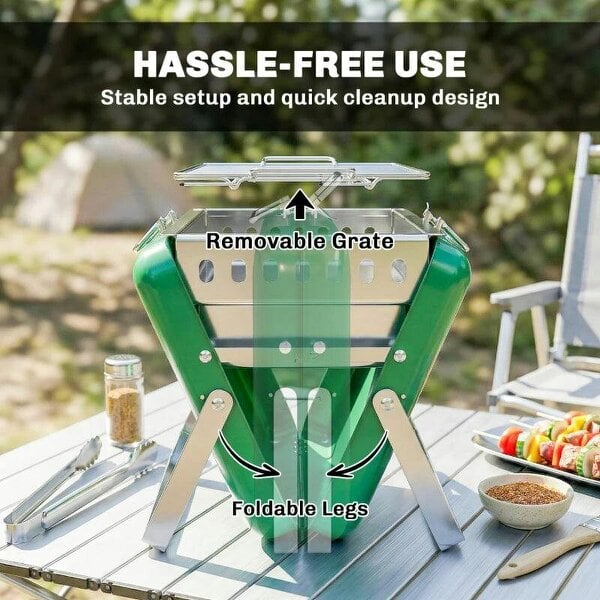 Bobobiy Charcoal BBQ Grill Portable Stainless Steel Barbecue with Tilting Grate for Camping Picnic Garden Dark Green