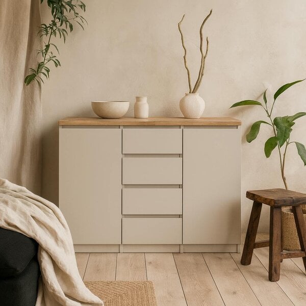 Wyld Haus Budapest Cream and Natural Oak Effect Sideboard 2 Doors 4 Drawers