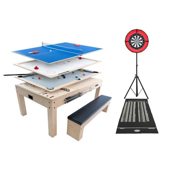 7-in-1 oak games table with blue ping pong top, dartboard, LED light, and black bench, perfect for versatile indoor entertainment
