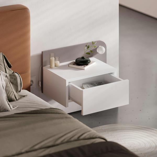 Decortie Floating Bedside Table with Drawer, LED Light in 3-Tones 33.5cm Wall-mount Bedroom Storage Unit