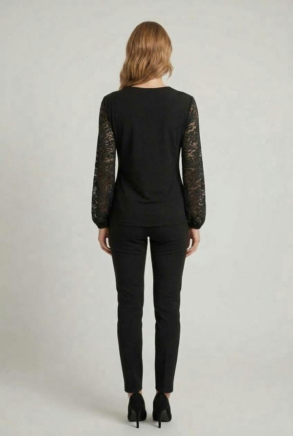 Black | Lace Sleeve Faux Wrap Top